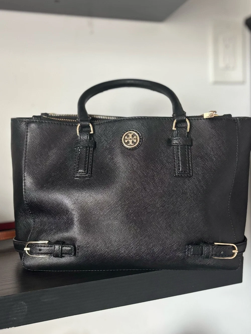 Tory Burch Black Leather Satchel with Gold-Tone Logo